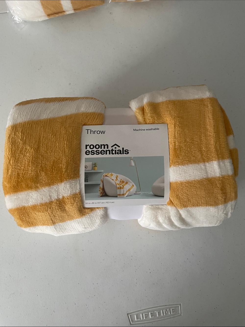 Room Essentials Yellow and White Striped Plush Throw Blanket